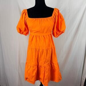 Sim & Sam Babydoll Dress Womens Large Bright Orange Tiered Puff Sleeve Peasant